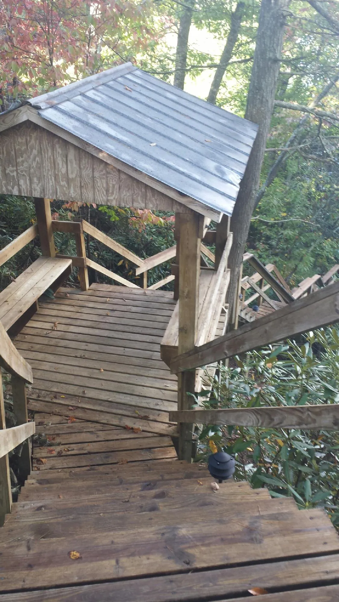 Metal roofed shelter over wooden steps on a wooded walkway — Skylight Repair & Installation work by our crew in Hawk Point